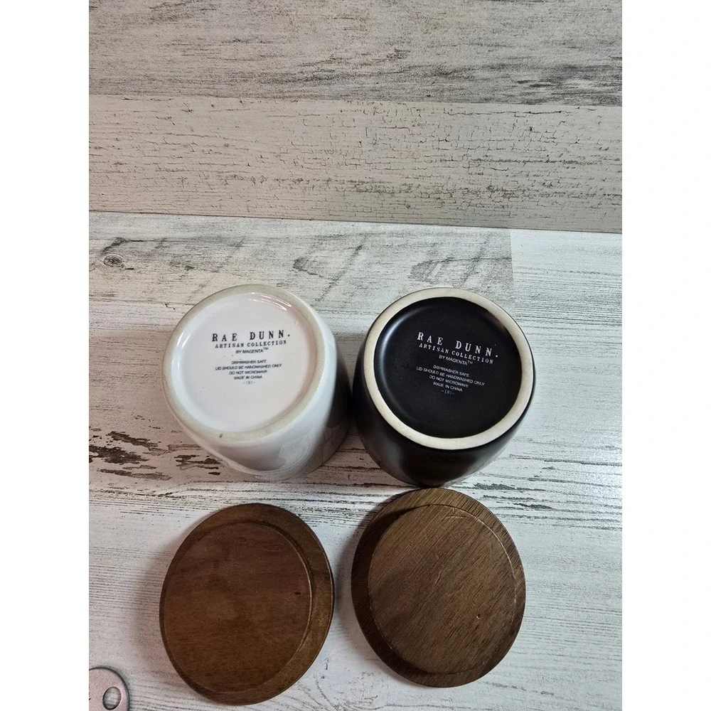 Rae Dunn Artisan Collection‎ Salt and Pepper Cellar Set White Black Wood Lids